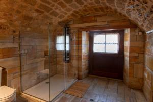 a bathroom with a shower and a toilet and a door at Ardamis in Monemvasia