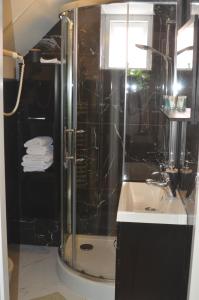 een badkamer met een douche en een wastafel bij Hotel Buren in Buren