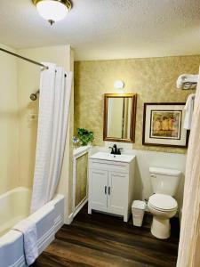 a bathroom with a toilet and a sink and a tub at Sage N Sand Motel in Moses Lake