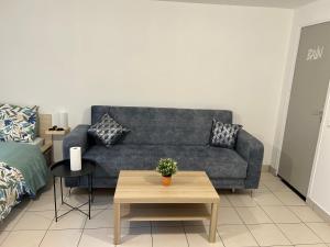 ein Wohnzimmer mit einem Sofa und einem Tisch in der Unterkunft L'idéal séjour avec jardin privé proche Paris gare et commerce in Sarcelles