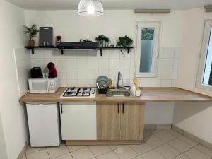 eine Küche mit einer Spüle und einer Arbeitsplatte in der Unterkunft L'idéal séjour avec jardin privé proche Paris gare et commerce in Sarcelles