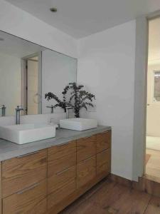 阿卡普爾科的住宿－BRISAS GUITARRON，一间带两个盥洗盆和大镜子的浴室