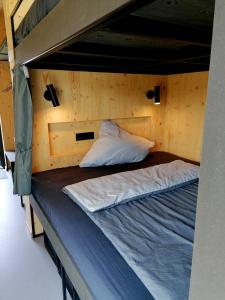 a bunk bed in a wooden room with a pillow at Tiny House 1 im schönen Allgäu mit großem Garten, Naturnah in Bad Wurzach