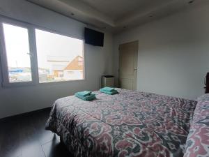 a bedroom with a bed and two windows at Apartamento entero - Ushuaia, Tierra del Fuego in Ushuaia