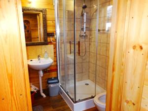 een badkamer met een douche en een wastafel bij Chatka Rumcajsa nad Biebrzą 