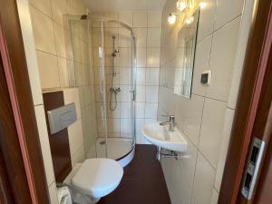 La salle de bains est pourvue d'une douche, de toilettes et d'un lavabo. dans l'établissement Willa Filip, à Władysławowo