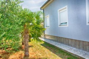 a blue house with a palm tree in front of it at Apartment Vacation Rental Near Pula in Loborika