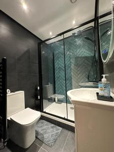 uma casa de banho com um WC, um chuveiro e um lavatório. em Centenary Apartments em Bradford