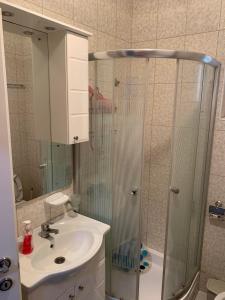 ein Bad mit einer Dusche und einem Waschbecken in der Unterkunft D-apartmani in Bijeljina