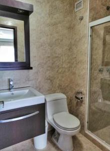 a bathroom with a toilet and a sink and a shower at Lo mejor de isla Margarita in Pampatar