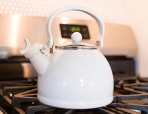 a white tea kettle sitting on top of a stove at Hyde Park Carriage House in Austin