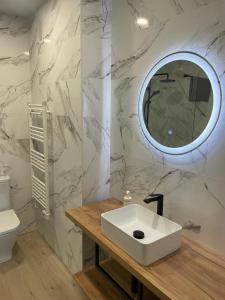 een badkamer met een witte wastafel en een spiegel bij VISTAS A SANTO DOMINGO in León