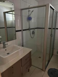 a bathroom with a shower and a sink and a mirror at Pacific FairPrice in Nadi +2 photos
