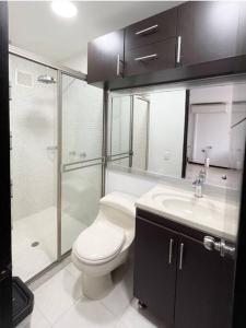 een badkamer met een toilet, een wastafel en een douche bij Comodo Departamento en el sur de Cali in Cali