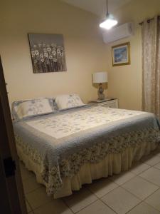 a bedroom with a bed and a lamp on a table at Casa de Campo Rio Arriba in Arecibo