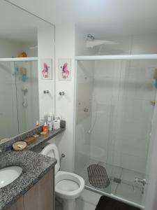 een badkamer met een douche, een toilet en een wastafel bij Apto Inteiro SP próximo metrô e principais avenidas in Sao Paulo
