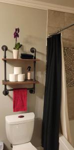 a bathroom with a toilet and a black shower curtain at Riverbend Guest House in Chilliwack