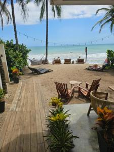 uma praia com cadeiras e uma rede e o oceano em Makao Beach Hotel em Palomino