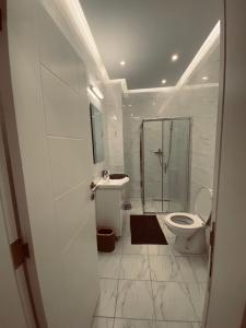 La salle de bains blanche est pourvue d'une douche et de toilettes. dans l'établissement NS LUX STAN SOMBOR-No IMIGRANTS, à Sombor
