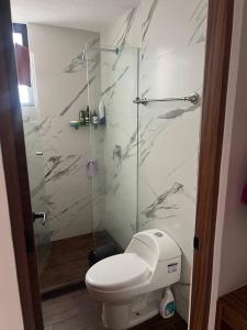 a bathroom with a toilet and a glass shower at Residencia comoda in Santa María Coronanco