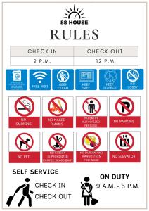 a group of signs that show different rules at 88 House Patong in Patong Beach