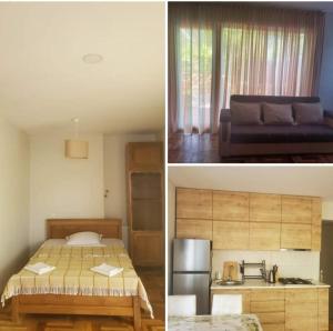 2 immagini di una camera con letto e cucina di Nina a Borjomi