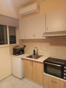 uma cozinha com um lavatório e um fogão forno superior em Iskas apartments em Ialyssos