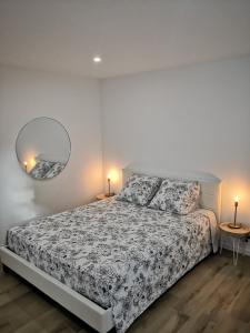 安锡Studio moderne, place parking privé, emplacement idéal à 100 m du lac.的卧室里有一张床，墙上有一面镜子