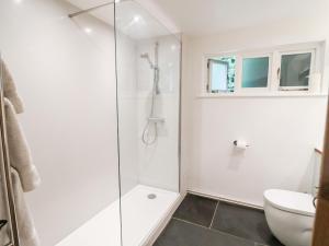 a white bathroom with a shower and a toilet at Yew Tree Farm Stable, Worlingworth in Worlingworth