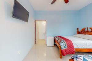 a bedroom with a bed and a flat screen tv at Hummingbird Estate in Dangriga