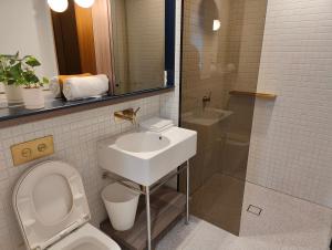 La salle de bains est pourvue de toilettes, d'un lavabo et d'une douche. dans l'établissement Swanston Central 17, à Melbourne