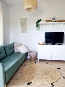 a living room with a green couch and a rug at BohoHome Apartament in Jastrzębia Góra