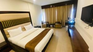 Habitación de hotel con cama grande y TV en Hotel Landmark en Chandigarh