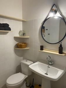 W łazience znajduje się toaleta, umywalka i lustro. w obiekcie Studio moderne avec vue mer - Pietranera - Proche Bastia w mieście Pietranera