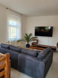 sala de estar con sofá grande y TV de pantalla plana en NEU! Ferienwohnung in Mücheln mit Balkon en Mücheln