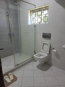 a bathroom with a toilet and a glass shower at PALM TERRACE HOMESTAY NYALI - On samaki lane in Mombasa