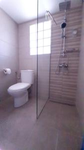 a bathroom with a toilet and a glass shower at Elia Apartments in Afitos