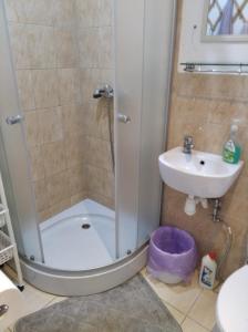 a bathroom with a shower and a sink at LEŚNA OSADA in Tuchlin +164 photos