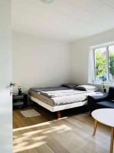 łóżko w białym pokoju z oknem w obiekcie Scandinavian Apartment Hotel Fjordhavn - 2 room apartment w mieście Horsens