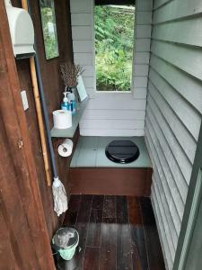 a toilet with a black lid sitting in a window at Yn Y Coed Tanyrallt in Llanybyther