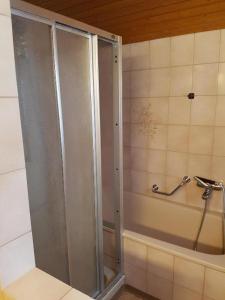 a shower with a glass door in a bathroom at Zimmer für Backpaking - Das gemütliche Haus des Grossvaters - Bergheimat - Ganz einfach - ganz unkompliziert - ganz relaxd in Linthal