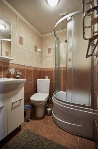 ein Bad mit einem WC, einer Dusche und einem Waschbecken in der Unterkunft Садиба у Кіри in Slawske