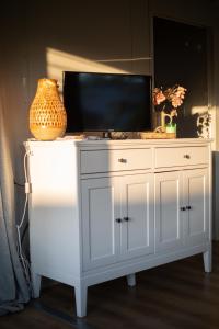 einen Fernseher auf einem weißen Schrank mit einer Vase in der Unterkunft Houten huisje tussen paarden in Nieuwerkerken