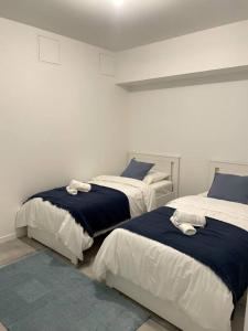 2 Betten mit blauer und weißer Bettwäsche in einem Zimmer in der Unterkunft Maison 90m2 Lormont 3 chambres et jardin in Lormont