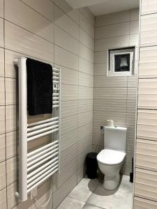 ein weißes Bad mit einem WC und einem Fenster in der Unterkunft Maison 90m2 Lormont 3 chambres et jardin in Lormont