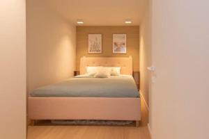 une chambre avec un grand lit dans une pièce dans l'établissement Panne-O-Rama, à La Panne