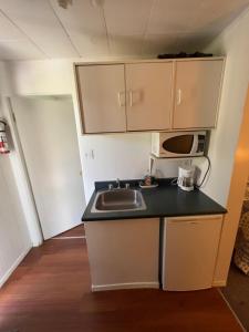 a small kitchen with a sink and a microwave at Monashee Motel in Sicamous