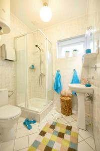 a bathroom with a shower and a toilet and a sink at Arenda Apartamenty&Domki całoroczne in Sieraków