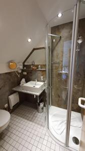 uma casa de banho com um chuveiro e um lavatório. em Hotel Zum Anker em Neumagen-Dhron