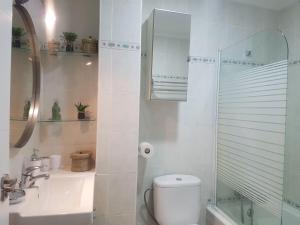 セビリアにあるEl Hogar de Dueñasのバスルーム(トイレ、洗面台、鏡付)
